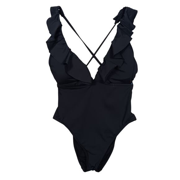 Black One Piece Bathing Suit Size Large Flared V Neckline Criss Cross Back - Picture 1 of 5